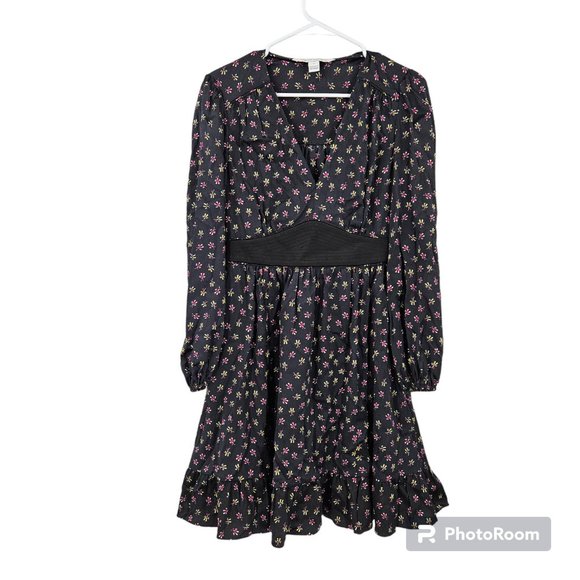Diane Von Furstenberg Dress Black Lizbeth Silk Floral V-Neck Long Sleeve Size 4 - Picture 1 of 8